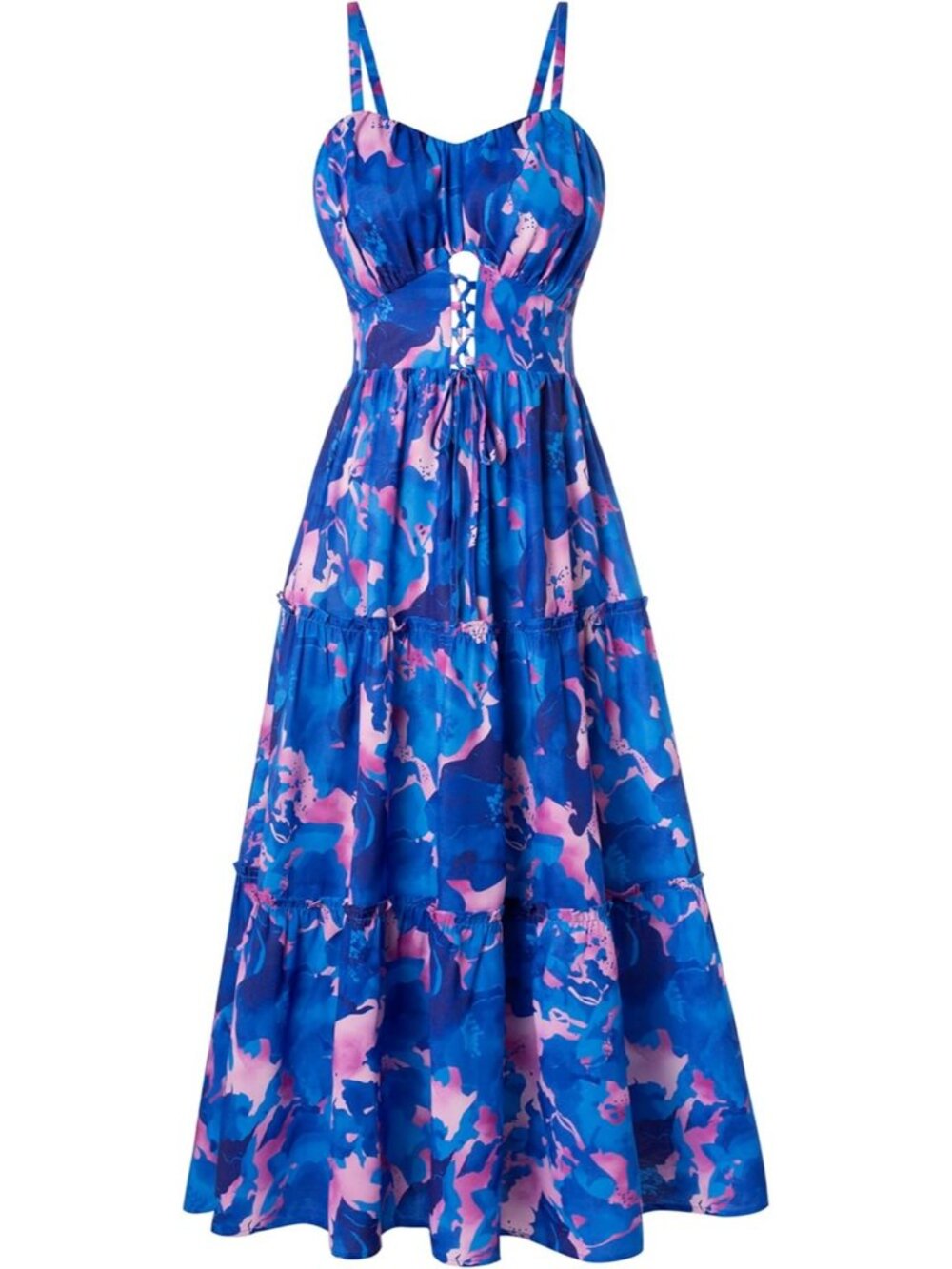 Women's Blue Pink Boho Floral Maxi Sundress Summer Beach Flowy Dress
